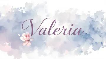 Valeria horizontal diseño 5 - Nombre en elegante tipografía cursiva caligráfica en tono lavanda, sobre fondo acuarela de cielo nublado en tonos pastel (azul, blanco, lavanda), decorado con rosa en acuarela de pétalos rosa pálido, blanco crema y lilas suaves con hojas en gris-verde.
