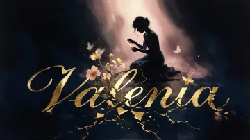 Valeria horizontal diseño 6 - Composición de ilustración semirrealista cinematográfica con silueta femenina tejiendo un hilo dorado de luz sobre un suelo oscuro fracturado al estilo Kintsugi, donde el nombre resalta en un prominente guión caligráfico dorado que emerge de las grietas, rodeado de flores blancas, mariposas y un fondo degradado de azules profundos iluminado por una luz celestial en tonos melocotón y crema, con una frase de aliento en tipografía blanca en la parte inferior.