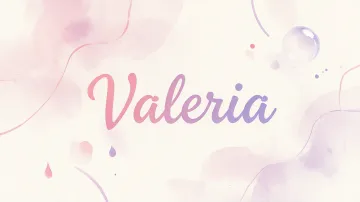 Valeria horizontal diseño 7 - Diseño abstracto en acuarela sobre fondo crema, con manchas fluidas y etéreas en rosa pastel y lila, líneas curvas que aportan movimiento, pequeñas gotas salpicadas cayendo verticalmente y una burbuja translúcida en la parte superior izquierda. El nombre resalta al centro con una tipografía cursiva amplia y elegante en degradado rosa a morado.