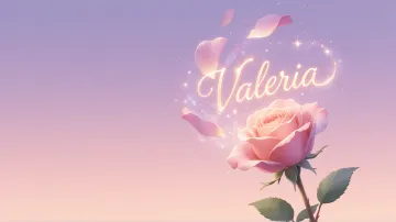 Valeria horizontal diseño 8 - Fondo de Pantalla con degradado suave que transiciona de lila en la parte superior a melocotón y rosa pastel en la base, destacando una rosa rosada hiperrealista con tallo y hojas verdes. El nombre brilla en tipografía cursiva con efecto neón cálido, adornado con pétalos cayendo y chispas de luz mágica.