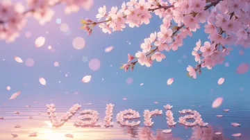 Valeria horizontal diseño 9 - Composición serena y onírica con ramas de cerezo en flor (sakura) en la parte superior contra un cielo en degradado de azul suave y lila. Pétalos de color rosa pastel flotan delicadamente en el aire cayendo hacia una superficie de agua tranquila y cristalina. En el centro inferior, el nombre está formado por pétalos de flores con un sutil efecto de relieve 3D y tipografía floral, reflejándose sobre el agua que está iluminada por un cálido destello dorado de luz solar en la esquina inferior derecha.
