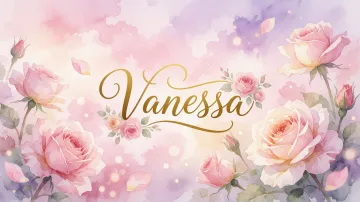 Vanessa horizontal diseño 10 - Diseño estilo acuarela con un fondo etéreo y texturizado en nubes de tonos rosa pastel y lila suave. Presenta composiciones de rosas abiertas y capullos en los bordes inferior y superior, con pétalos cayendo delicadamente. Incorpora destellos de luz cálida (efecto bokeh) y, en el centro, resalta una tipografía elegante, cursiva y fluida en color dorado.