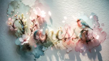 Vanessa horizontal diseño 11 - Un delicado diseño de estilo acuarela digital que combina una tipografía de caligrafía personalizada para el nombre en tonos dorados y rosados suaves, adornada con pequeñas hojas y brotes. Un pajarito azul y naranja vibrante está posado en una de las letras. Todo está rodeado por un marco circular de ramas de cerezo en flor con delicadas flores rosadas y blancas. El fondo es un lavado de acuarela difuminado en tonos pastel suaves de azul cerceta, rosa rubor y melocotón sobre una textura de papel rugoso, con destellos luminosos y motas de luz bokeh flotando alrededor, creando una atmósfera mágica y soñadora. Las sombras suaves proyectadas añaden profundidad.