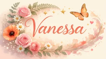 Vanessa horizontal diseño 3 - Elegante composición de rosas rosadas y amapolas naranjas con mariposas doradas brillantes sobre un fondo cálido, romántico y mágico.