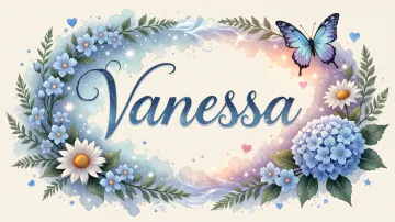 Vanessa horizontal diseño 4 - Composición magica con nombre en letra cursiva azul, rodeado de hortensias azules, margaritas blancas y delicadas flores silvestres, enmarcado por suaves remolinos de agua, mariposas azules y destellos estelares sobre un fondo etéreo y romántico.