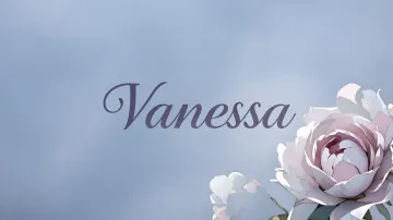 Vanessa horizontal diseño 5 - Nombre en elegante tipografía cursiva caligráfica en tono lavanda, sobre fondo acuarela de cielo nublado en tonos pastel (azul, blanco, lavanda), decorado con rosa en acuarela de pétalos rosa pálido, blanco crema y lilas suaves con hojas en gris-verde.