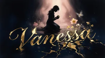 Vanessa horizontal diseño 6 - Composición de ilustración semirrealista cinematográfica con silueta femenina tejiendo un hilo dorado de luz sobre un suelo oscuro fracturado al estilo Kintsugi, donde el nombre resalta en un prominente guión caligráfico dorado que emerge de las grietas, rodeado de flores blancas, mariposas y un fondo degradado de azules profundos iluminado por una luz celestial en tonos melocotón y crema, con una frase de aliento en tipografía blanca en la parte inferior.