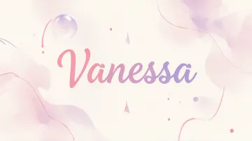 Vanessa horizontal diseño 7 - Diseño abstracto en acuarela sobre fondo crema, con manchas fluidas y etéreas en rosa pastel y lila, líneas curvas que aportan movimiento, pequeñas gotas salpicadas cayendo verticalmente y una burbuja translúcida en la parte superior izquierda. El nombre resalta al centro con una tipografía cursiva amplia y elegante en degradado rosa a morado.