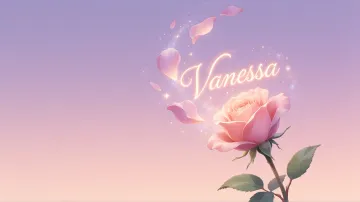 Vanessa horizontal diseño 8 - Fondo de Pantalla con degradado suave que transiciona de lila en la parte superior a melocotón y rosa pastel en la base, destacando una rosa rosada hiperrealista con tallo y hojas verdes. El nombre brilla en tipografía cursiva con efecto neón cálido, adornado con pétalos cayendo y chispas de luz mágica.