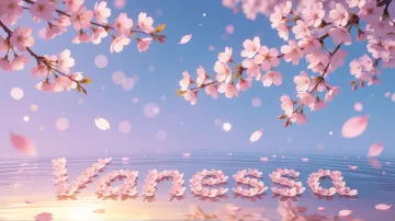 Vanessa horizontal diseño 9 - Composición serena y onírica con ramas de cerezo en flor (sakura) en la parte superior contra un cielo en degradado de azul suave y lila. Pétalos de color rosa pastel flotan delicadamente en el aire cayendo hacia una superficie de agua tranquila y cristalina. En el centro inferior, el nombre está formado por pétalos de flores con un sutil efecto de relieve 3D y tipografía floral, reflejándose sobre el agua que está iluminada por un cálido destello dorado de luz solar en la esquina inferior derecha.