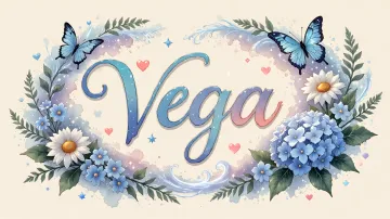 Vega horizontal diseño 4 - Composición magica con nombre en letra cursiva azul, rodeado de hortensias azules, margaritas blancas y delicadas flores silvestres, enmarcado por suaves remolinos de agua, mariposas azules y destellos estelares sobre un fondo etéreo y romántico.