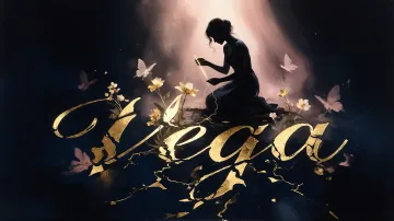 Vega horizontal diseño 6 - Composición de ilustración semirrealista cinematográfica con silueta femenina tejiendo un hilo dorado de luz sobre un suelo oscuro fracturado al estilo Kintsugi, donde el nombre resalta en un prominente guión caligráfico dorado que emerge de las grietas, rodeado de flores blancas, mariposas y un fondo degradado de azules profundos iluminado por una luz celestial en tonos melocotón y crema, con una frase de aliento en tipografía blanca en la parte inferior.