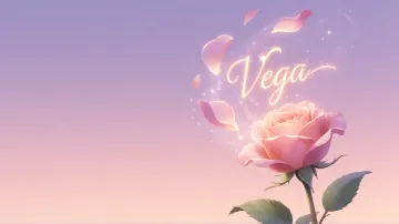Vega horizontal diseño 8 - Fondo de Pantalla con degradado suave que transiciona de lila en la parte superior a melocotón y rosa pastel en la base, destacando una rosa rosada hiperrealista con tallo y hojas verdes. El nombre brilla en tipografía cursiva con efecto neón cálido, adornado con pétalos cayendo y chispas de luz mágica.
