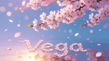 Vega horizontal diseño 9 - Composición serena y onírica con ramas de cerezo en flor (sakura) en la parte superior contra un cielo en degradado de azul suave y lila. Pétalos de color rosa pastel flotan delicadamente en el aire cayendo hacia una superficie de agua tranquila y cristalina. En el centro inferior, el nombre está formado por pétalos de flores con un sutil efecto de relieve 3D y tipografía floral, reflejándose sobre el agua que está iluminada por un cálido destello dorado de luz solar en la esquina inferior derecha.