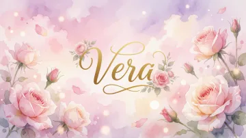 Vera horizontal diseño 10 - Diseño estilo acuarela con un fondo etéreo y texturizado en nubes de tonos rosa pastel y lila suave. Presenta composiciones de rosas abiertas y capullos en los bordes inferior y superior, con pétalos cayendo delicadamente. Incorpora destellos de luz cálida (efecto bokeh) y, en el centro, resalta una tipografía elegante, cursiva y fluida en color dorado.