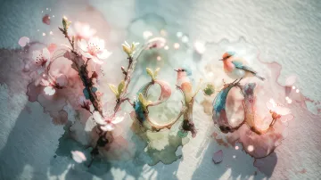 Vera horizontal diseño 11 - Un delicado diseño de estilo acuarela digital que combina una tipografía de caligrafía personalizada para el nombre en tonos dorados y rosados suaves, adornada con pequeñas hojas y brotes. Un pajarito azul y naranja vibrante está posado en una de las letras. Todo está rodeado por un marco circular de ramas de cerezo en flor con delicadas flores rosadas y blancas. El fondo es un lavado de acuarela difuminado en tonos pastel suaves de azul cerceta, rosa rubor y melocotón sobre una textura de papel rugoso, con destellos luminosos y motas de luz bokeh flotando alrededor, creando una atmósfera mágica y soñadora. Las sombras suaves proyectadas añaden profundidad.