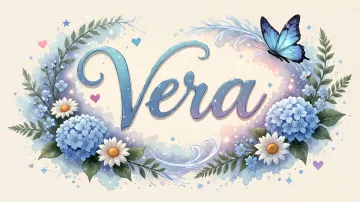 Vera horizontal diseño 4 - Composición magica con nombre en letra cursiva azul, rodeado de hortensias azules, margaritas blancas y delicadas flores silvestres, enmarcado por suaves remolinos de agua, mariposas azules y destellos estelares sobre un fondo etéreo y romántico.