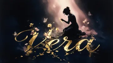Vera horizontal diseño 6 - Composición de ilustración semirrealista cinematográfica con silueta femenina tejiendo un hilo dorado de luz sobre un suelo oscuro fracturado al estilo Kintsugi, donde el nombre resalta en un prominente guión caligráfico dorado que emerge de las grietas, rodeado de flores blancas, mariposas y un fondo degradado de azules profundos iluminado por una luz celestial en tonos melocotón y crema, con una frase de aliento en tipografía blanca en la parte inferior.