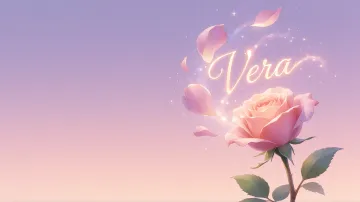Vera horizontal diseño 8 - Fondo de Pantalla con degradado suave que transiciona de lila en la parte superior a melocotón y rosa pastel en la base, destacando una rosa rosada hiperrealista con tallo y hojas verdes. El nombre brilla en tipografía cursiva con efecto neón cálido, adornado con pétalos cayendo y chispas de luz mágica.