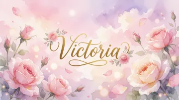 Victoria horizontal diseño 10 - Diseño estilo acuarela con un fondo etéreo y texturizado en nubes de tonos rosa pastel y lila suave. Presenta composiciones de rosas abiertas y capullos en los bordes inferior y superior, con pétalos cayendo delicadamente. Incorpora destellos de luz cálida (efecto bokeh) y, en el centro, resalta una tipografía elegante, cursiva y fluida en color dorado.