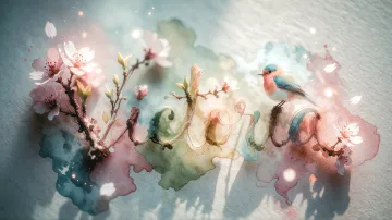 Victoria horizontal diseño 11 - Un delicado diseño de estilo acuarela digital que combina una tipografía de caligrafía personalizada para el nombre en tonos dorados y rosados suaves, adornada con pequeñas hojas y brotes. Un pajarito azul y naranja vibrante está posado en una de las letras. Todo está rodeado por un marco circular de ramas de cerezo en flor con delicadas flores rosadas y blancas. El fondo es un lavado de acuarela difuminado en tonos pastel suaves de azul cerceta, rosa rubor y melocotón sobre una textura de papel rugoso, con destellos luminosos y motas de luz bokeh flotando alrededor, creando una atmósfera mágica y soñadora. Las sombras suaves proyectadas añaden profundidad.