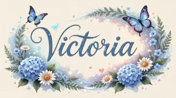 Victoria horizontal diseño 4 - Composición magica con nombre en letra cursiva azul, rodeado de hortensias azules, margaritas blancas y delicadas flores silvestres, enmarcado por suaves remolinos de agua, mariposas azules y destellos estelares sobre un fondo etéreo y romántico.