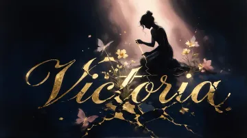 Victoria horizontal diseño 6 - Composición de ilustración semirrealista cinematográfica con silueta femenina tejiendo un hilo dorado de luz sobre un suelo oscuro fracturado al estilo Kintsugi, donde el nombre resalta en un prominente guión caligráfico dorado que emerge de las grietas, rodeado de flores blancas, mariposas y un fondo degradado de azules profundos iluminado por una luz celestial en tonos melocotón y crema, con una frase de aliento en tipografía blanca en la parte inferior.
