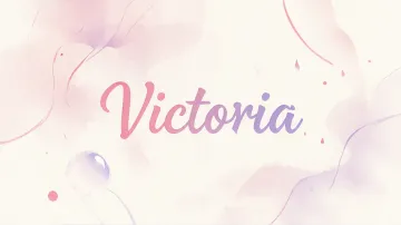 Victoria horizontal diseño 7 - Diseño abstracto en acuarela sobre fondo crema, con manchas fluidas y etéreas en rosa pastel y lila, líneas curvas que aportan movimiento, pequeñas gotas salpicadas cayendo verticalmente y una burbuja translúcida en la parte superior izquierda. El nombre resalta al centro con una tipografía cursiva amplia y elegante en degradado rosa a morado.