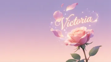 Victoria horizontal diseño 8 - Fondo de Pantalla con degradado suave que transiciona de lila en la parte superior a melocotón y rosa pastel en la base, destacando una rosa rosada hiperrealista con tallo y hojas verdes. El nombre brilla en tipografía cursiva con efecto neón cálido, adornado con pétalos cayendo y chispas de luz mágica.