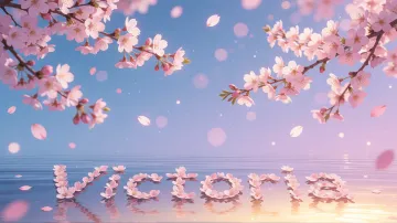 Victoria horizontal diseño 9 - Composición serena y onírica con ramas de cerezo en flor (sakura) en la parte superior contra un cielo en degradado de azul suave y lila. Pétalos de color rosa pastel flotan delicadamente en el aire cayendo hacia una superficie de agua tranquila y cristalina. En el centro inferior, el nombre está formado por pétalos de flores con un sutil efecto de relieve 3D y tipografía floral, reflejándose sobre el agua que está iluminada por un cálido destello dorado de luz solar en la esquina inferior derecha.