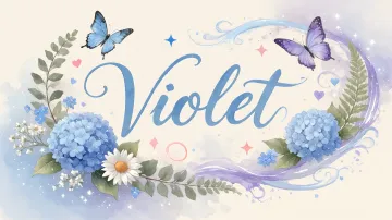 Violet horizontal diseño 1 - Hortensias azules, flores pequeñas y acuarela suave con mariposas azules y brillo etéreo