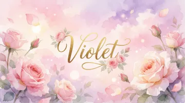 Violet horizontal diseño 10 - Diseño estilo acuarela con un fondo etéreo y texturizado en nubes de tonos rosa pastel y lila suave. Presenta composiciones de rosas abiertas y capullos en los bordes inferior y superior, con pétalos cayendo delicadamente. Incorpora destellos de luz cálida (efecto bokeh) y, en el centro, resalta una tipografía elegante, cursiva y fluida en color dorado.