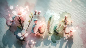 Violet horizontal diseño 11 - Un delicado diseño de estilo acuarela digital que combina una tipografía de caligrafía personalizada para el nombre en tonos dorados y rosados suaves, adornada con pequeñas hojas y brotes. Un pajarito azul y naranja vibrante está posado en una de las letras. Todo está rodeado por un marco circular de ramas de cerezo en flor con delicadas flores rosadas y blancas. El fondo es un lavado de acuarela difuminado en tonos pastel suaves de azul cerceta, rosa rubor y melocotón sobre una textura de papel rugoso, con destellos luminosos y motas de luz bokeh flotando alrededor, creando una atmósfera mágica y soñadora. Las sombras suaves proyectadas añaden profundidad.