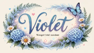 Violet horizontal diseño 4 - Composición magica con nombre en letra cursiva azul, rodeado de hortensias azules, margaritas blancas y delicadas flores silvestres, enmarcado por suaves remolinos de agua, mariposas azules y destellos estelares sobre un fondo etéreo y romántico.
