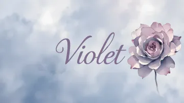 Violet horizontal diseño 5 - Nombre en elegante tipografía cursiva caligráfica en tono lavanda, sobre fondo acuarela de cielo nublado en tonos pastel (azul, blanco, lavanda), decorado con rosa en acuarela de pétalos rosa pálido, blanco crema y lilas suaves con hojas en gris-verde.