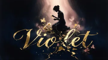 Violet horizontal diseño 6 - Composición de ilustración semirrealista cinematográfica con silueta femenina tejiendo un hilo dorado de luz sobre un suelo oscuro fracturado al estilo Kintsugi, donde el nombre resalta en un prominente guión caligráfico dorado que emerge de las grietas, rodeado de flores blancas, mariposas y un fondo degradado de azules profundos iluminado por una luz celestial en tonos melocotón y crema, con una frase de aliento en tipografía blanca en la parte inferior.