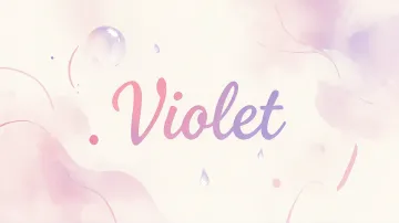 Violet horizontal diseño 7 - Diseño abstracto en acuarela sobre fondo crema, con manchas fluidas y etéreas en rosa pastel y lila, líneas curvas que aportan movimiento, pequeñas gotas salpicadas cayendo verticalmente y una burbuja translúcida en la parte superior izquierda. El nombre resalta al centro con una tipografía cursiva amplia y elegante en degradado rosa a morado.