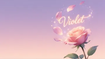 Violet horizontal diseño 8 - Fondo de Pantalla con degradado suave que transiciona de lila en la parte superior a melocotón y rosa pastel en la base, destacando una rosa rosada hiperrealista con tallo y hojas verdes. El nombre brilla en tipografía cursiva con efecto neón cálido, adornado con pétalos cayendo y chispas de luz mágica.