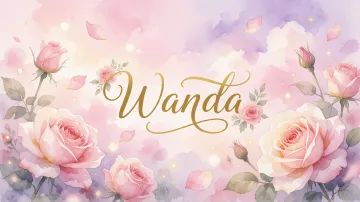 Wanda horizontal diseño 10 - Diseño estilo acuarela con un fondo etéreo y texturizado en nubes de tonos rosa pastel y lila suave. Presenta composiciones de rosas abiertas y capullos en los bordes inferior y superior, con pétalos cayendo delicadamente. Incorpora destellos de luz cálida (efecto bokeh) y, en el centro, resalta una tipografía elegante, cursiva y fluida en color dorado.
