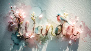 Wanda horizontal diseño 11 - Un delicado diseño de estilo acuarela digital que combina una tipografía de caligrafía personalizada para el nombre en tonos dorados y rosados suaves, adornada con pequeñas hojas y brotes. Un pajarito azul y naranja vibrante está posado en una de las letras. Todo está rodeado por un marco circular de ramas de cerezo en flor con delicadas flores rosadas y blancas. El fondo es un lavado de acuarela difuminado en tonos pastel suaves de azul cerceta, rosa rubor y melocotón sobre una textura de papel rugoso, con destellos luminosos y motas de luz bokeh flotando alrededor, creando una atmósfera mágica y soñadora. Las sombras suaves proyectadas añaden profundidad.