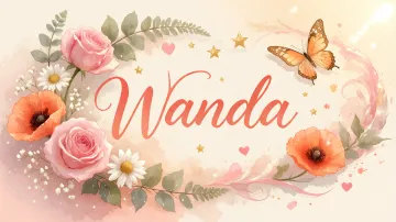 Wanda horizontal diseño 3 - Elegante composición de rosas rosadas y amapolas naranjas con mariposas doradas brillantes sobre un fondo cálido, romántico y mágico.