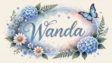 Wanda horizontal diseño 4 - Composición magica con nombre en letra cursiva azul, rodeado de hortensias azules, margaritas blancas y delicadas flores silvestres, enmarcado por suaves remolinos de agua, mariposas azules y destellos estelares sobre un fondo etéreo y romántico.