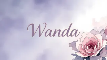 Wanda horizontal diseño 5 - Nombre en elegante tipografía cursiva caligráfica en tono lavanda, sobre fondo acuarela de cielo nublado en tonos pastel (azul, blanco, lavanda), decorado con rosa en acuarela de pétalos rosa pálido, blanco crema y lilas suaves con hojas en gris-verde.