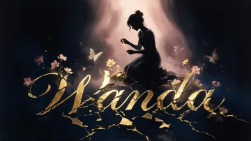 Wanda horizontal diseño 6 - Composición de ilustración semirrealista cinematográfica con silueta femenina tejiendo un hilo dorado de luz sobre un suelo oscuro fracturado al estilo Kintsugi, donde el nombre resalta en un prominente guión caligráfico dorado que emerge de las grietas, rodeado de flores blancas, mariposas y un fondo degradado de azules profundos iluminado por una luz celestial en tonos melocotón y crema, con una frase de aliento en tipografía blanca en la parte inferior.