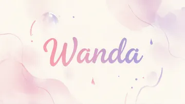 Wanda horizontal diseño 7 - Diseño abstracto en acuarela sobre fondo crema, con manchas fluidas y etéreas en rosa pastel y lila, líneas curvas que aportan movimiento, pequeñas gotas salpicadas cayendo verticalmente y una burbuja translúcida en la parte superior izquierda. El nombre resalta al centro con una tipografía cursiva amplia y elegante en degradado rosa a morado.