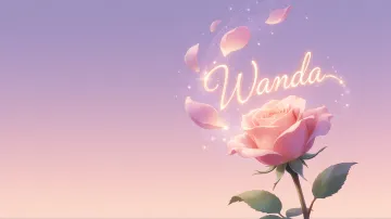 Wanda horizontal diseño 8 - Fondo de Pantalla con degradado suave que transiciona de lila en la parte superior a melocotón y rosa pastel en la base, destacando una rosa rosada hiperrealista con tallo y hojas verdes. El nombre brilla en tipografía cursiva con efecto neón cálido, adornado con pétalos cayendo y chispas de luz mágica.