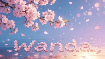 Wanda horizontal diseño 9 - Composición serena y onírica con ramas de cerezo en flor (sakura) en la parte superior contra un cielo en degradado de azul suave y lila. Pétalos de color rosa pastel flotan delicadamente en el aire cayendo hacia una superficie de agua tranquila y cristalina. En el centro inferior, el nombre está formado por pétalos de flores con un sutil efecto de relieve 3D y tipografía floral, reflejándose sobre el agua que está iluminada por un cálido destello dorado de luz solar en la esquina inferior derecha.