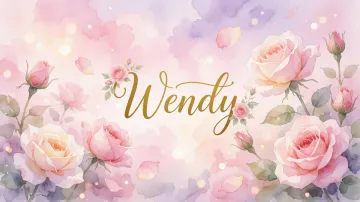 Wendy horizontal diseño 10 - Diseño estilo acuarela con un fondo etéreo y texturizado en nubes de tonos rosa pastel y lila suave. Presenta composiciones de rosas abiertas y capullos en los bordes inferior y superior, con pétalos cayendo delicadamente. Incorpora destellos de luz cálida (efecto bokeh) y, en el centro, resalta una tipografía elegante, cursiva y fluida en color dorado.