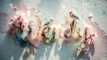 Wendy horizontal diseño 11 - Un delicado diseño de estilo acuarela digital que combina una tipografía de caligrafía personalizada para el nombre en tonos dorados y rosados suaves, adornada con pequeñas hojas y brotes. Un pajarito azul y naranja vibrante está posado en una de las letras. Todo está rodeado por un marco circular de ramas de cerezo en flor con delicadas flores rosadas y blancas. El fondo es un lavado de acuarela difuminado en tonos pastel suaves de azul cerceta, rosa rubor y melocotón sobre una textura de papel rugoso, con destellos luminosos y motas de luz bokeh flotando alrededor, creando una atmósfera mágica y soñadora. Las sombras suaves proyectadas añaden profundidad.