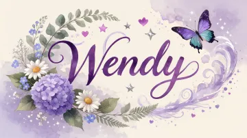 Wendy horizontal diseño 2 - Diseño elegante de hortensias en tonos lila y morados suaves, con volutas estilizadas y una mariposa mística que aporta un toque etéreo y mágico.